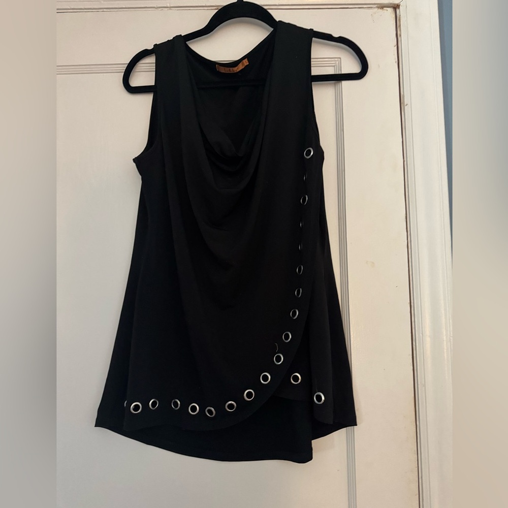 Beautiful Black top with drape neck and silver
Grommets size L